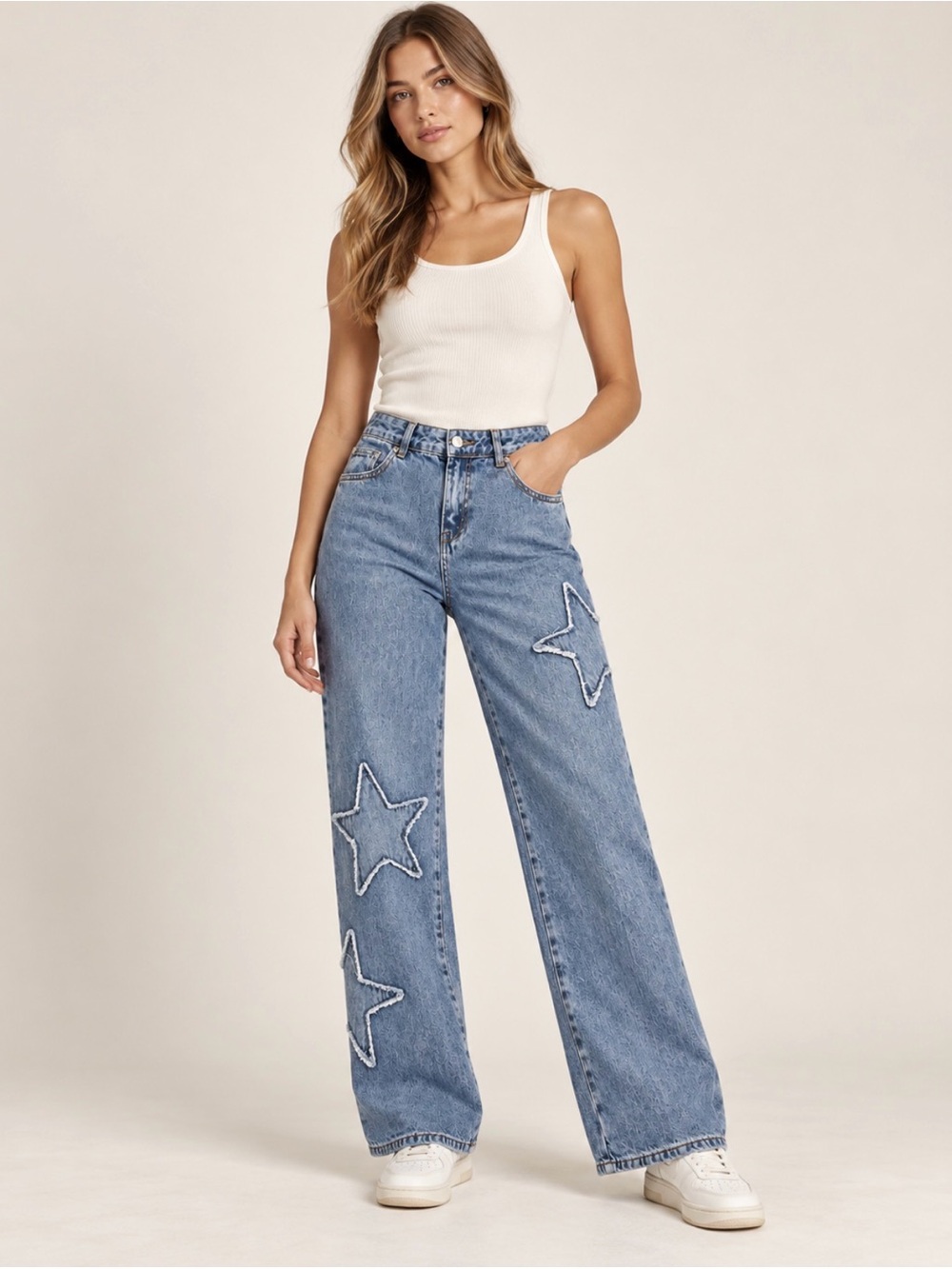 Ashley Mason Premium Star Patch Wide Leg Jeans Size 1/25 Y2K